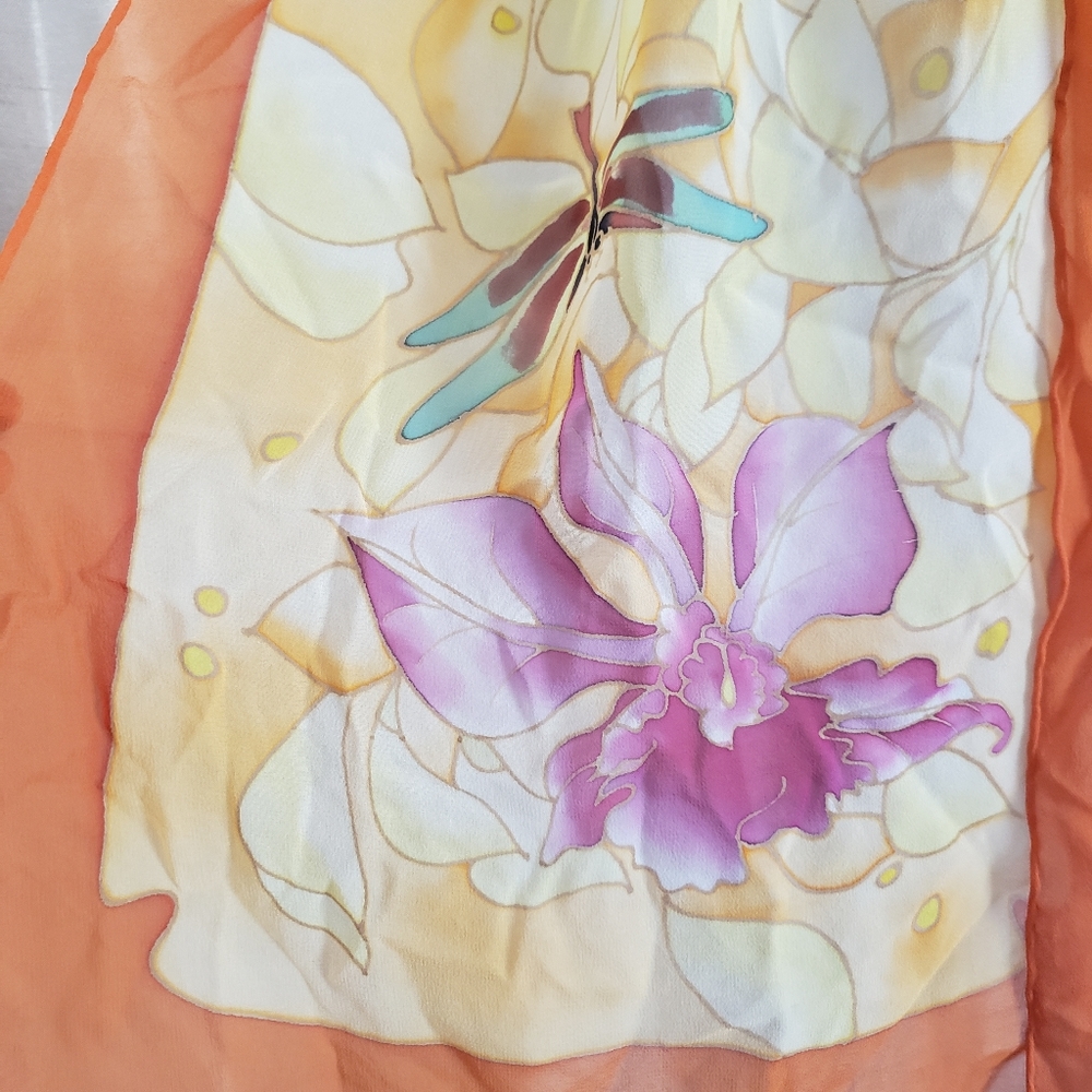 NWOT Jenny James orange cream purple & blue floral silk scarf - Picture 4 of 7